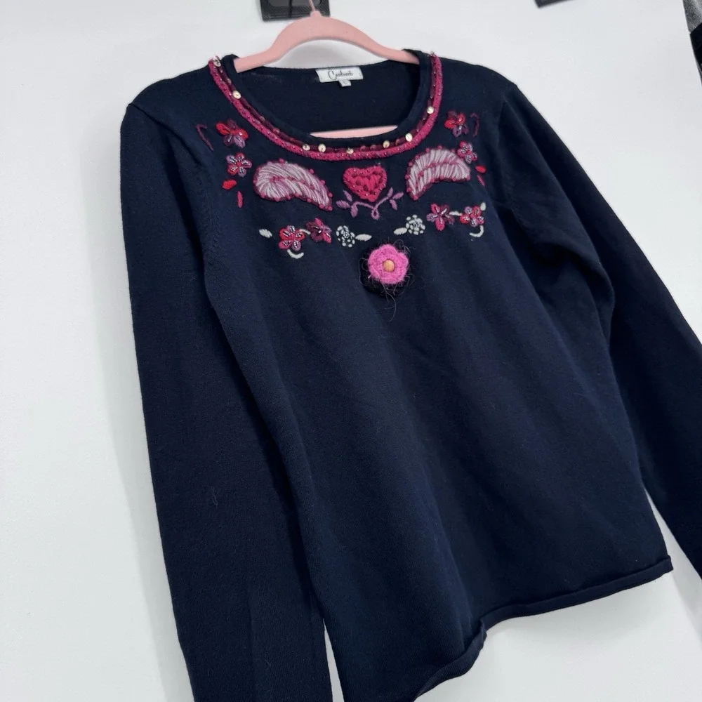 Carducci Black Knit Sweater Large Embroidered Floral Heart Coquette Boho Y2K